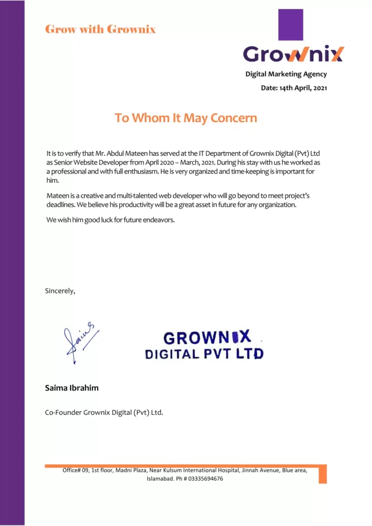 Experience Letter Grownix Mateen 1 min